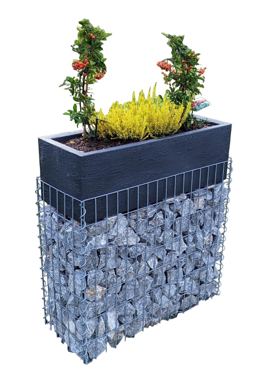 Gabion med blomsterskål 80 cm x 116 cm x 30 cm (L x H x D), maskestørrelse 10 cm x 10 cm, spiral